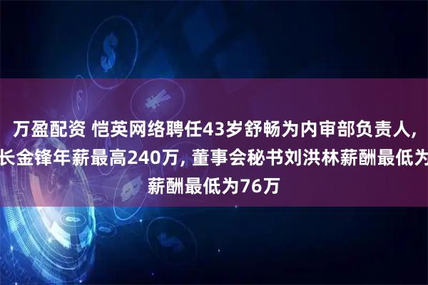 万盈配资 恺英网络聘任43岁舒畅为内审部负责人, 董事长金锋年薪最高240万, 董事会秘书刘洪林薪酬最低为76万